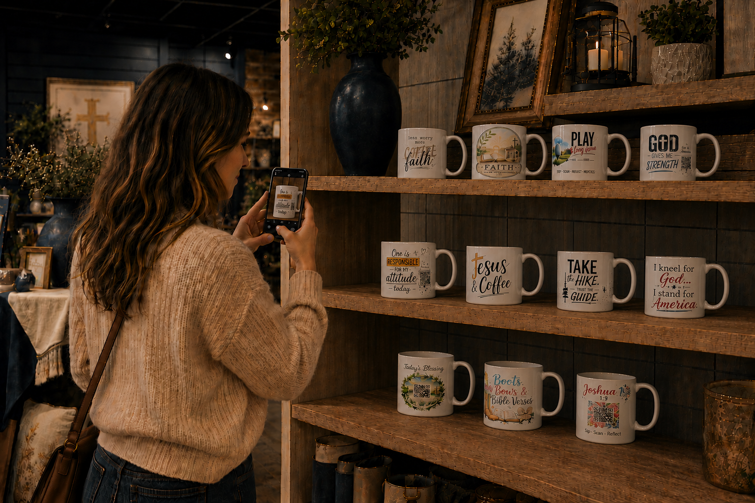 Woman scanning a My Faith Encounters mug in a shop